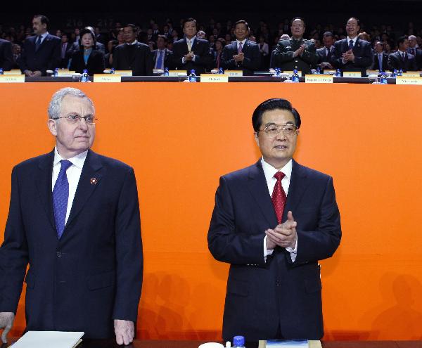 Chinese President Hu Jintao (R) and International Exhibitions Bureau (BIE) President Jean-Pierre Lafon attend the opening ceremony of the Shanghai World Expo in Shanghai, east China, on April 30, 2010.