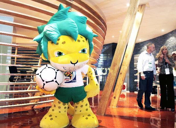 Zakumi, the 2010 FIFA World Cup South Africa official mascot is seen at the opening ceremony of the South Africa Pavilion in Shanghai Expo, Shanghai, east China, on May 6, 2010. The South Africa Pavilion held the opening ceremony on Thursday.