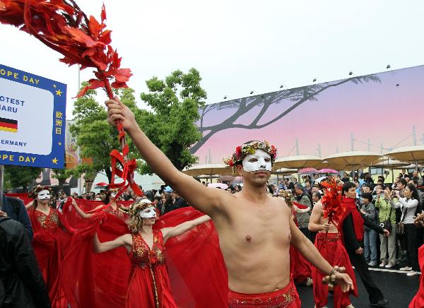 People perform during the European Day Parade at the 2010 World Expo site in Shanghai May 9, 2010. 