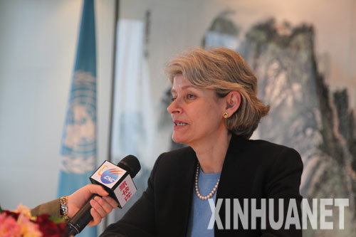 The UNESCO Director General Irina Bokova gives an exclusive interview to Xinhua on May 11, 2010. 
