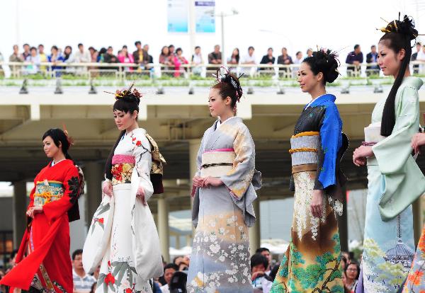 Japanese models present kimonos at the Shanghai World Expo park on May 16, 2010.