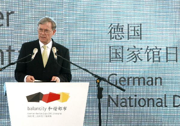 German President Horst Koehler addresses the ceremony marking the National Pavilion Day for Germany at the World Expo park in Shanghai, May 19, 2010.