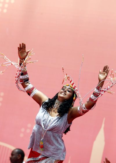 An actress from Eritrea performs during a ceremony marking the National Pavilion Day of Eritrea, at the World Expo in Shanghai, May 25, 2010. 