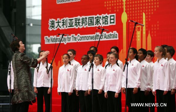 Children from Australia perform during the celebration of the National Pavilion Day of Australia in the World Expo Park in Shanghai, east China, on June 8, 2010. [