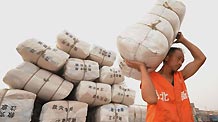 A work carries a pack of relif goods to load a train carriage at a railway station in Wuhan, capital of central China's Hubei Province, June 23, 2010.