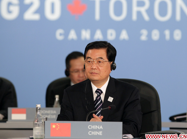 Chinese President Hu Jintao attends a plenary session of the fourth summit of the Group of 20 (G20), in Toronto, Canada, June 27, 2010. (Xinhua/Fan Rujun)