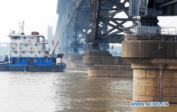 A vessel sails across a bridge on the up-surging Yangtze River at the section of Jiujiang, east China's Jiangxi Province, June 27, 2010. 