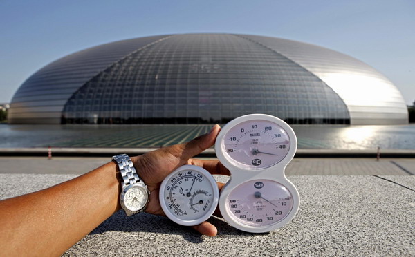 One weatherglass shows a temperature exceeding 45 C, while the other is out of gear near the National Grand Theater in Beijing at 4:37 PM on July 6, 2010. 