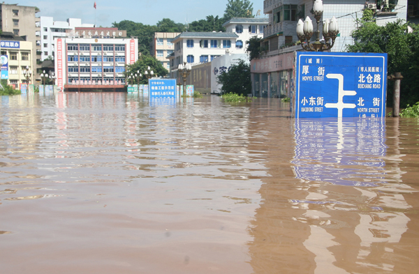A street in Guang'an is inundated in floods on July 19, 2010. 