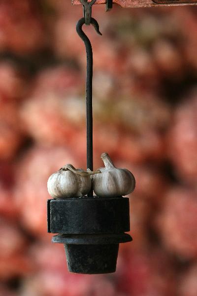 Photo taken on July 20, 2010 shows two cloves of garlic standing on a weight at Xinfadi wholesale market in Beijing, July 20, 2010. 