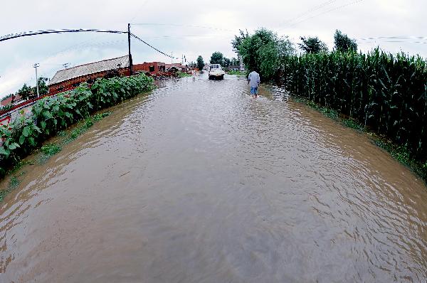 People walk on the flooded road in Aji Town, Tieling County, north China's Liaoning Province, July 21, 2010. 