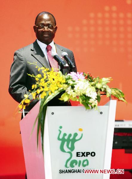 Gabonese Prime Minister Paul Biyoghe Mba addresses the ceremony celebrating the National Pavilion Day for the Gabonese Republic, in the 2010 World Expo in Shanghai, east China, July 30, 2010.