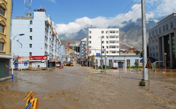 A view of a flooded street in mudslide-hit Zhouqu. 