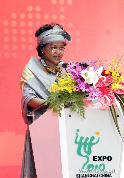 Baleka Mbete, chairperson of South Africa's ruling African National Congress (ANC), who is also the former Deputy President of South Africa, speaks during celebration for the National Pavilion Day for South Africa at the World Expo in Shanghai, east China, Aug. 9, 2010.