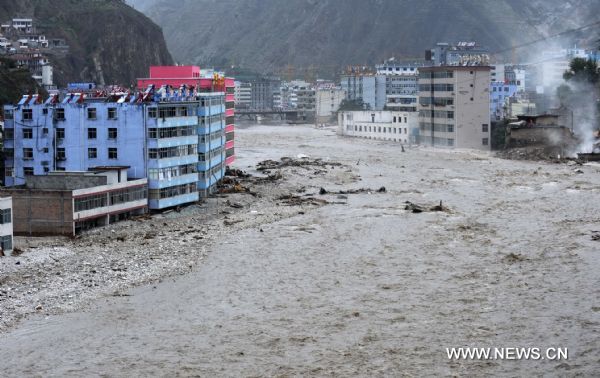 Photo taken on Aug. 13, 2010 shows the scene of Bailong River running through the landslide-hit Zhouqu County, Gannan Tibetan Autonomous Prefecture in northwest China's Gansu Province. 