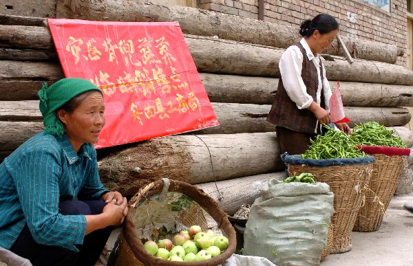 Farmers selling vegetables waits for customers in landslide-hit Zhouqu County, Gannan Tibetan Autonomous Prefecture in northwest China's Gansu Province, Aug. 16, 2010. 