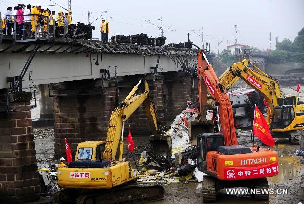 Workers disassemble the damaged carriage off the Baoji-Chengdu Railway in Xiaohan Township of Guanghan city, southwest China&apos;s Sichuan Province, Aug. 20, 2010. 
