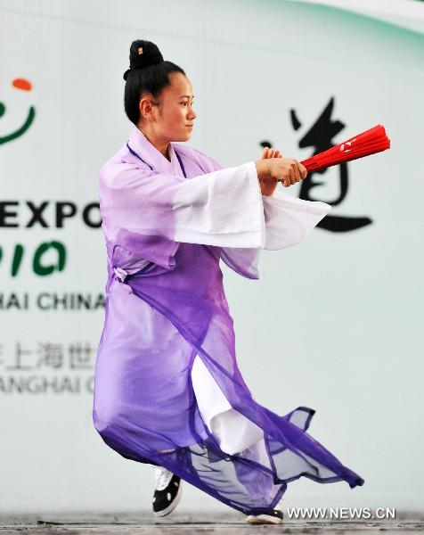 A member of the kungfu team under the Wudang Taoist Association performs Wudang Taiji kungfu at the World Expo Park, in Shanghai, east China, Aug. 12, 2010. 