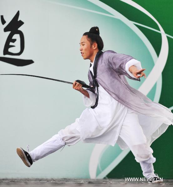 A member of the kungfu team under the Wudang Taoist Association performs Wudang Taiji kungfu at the World Expo Park, in Shanghai, east China, Aug. 12, 2010.