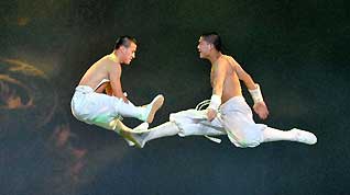 Monks from the Shaolin Temple perform Shaolin Martial Arts Show at the Entertainment Hall of the World Expo Park, in Shanghai, east China, Aug. 19, 2010.