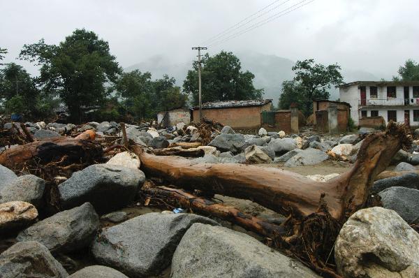 Rocks and fallen trees washed down by mudslides are seen at the Huangzhu Township of Longnan City, northwest China's Gansu Province, Aug. 20, 2010. Landslides and mudslides occurred in the city due to the heavy rains from Aug. 11. Twenty-three people were reported killed.