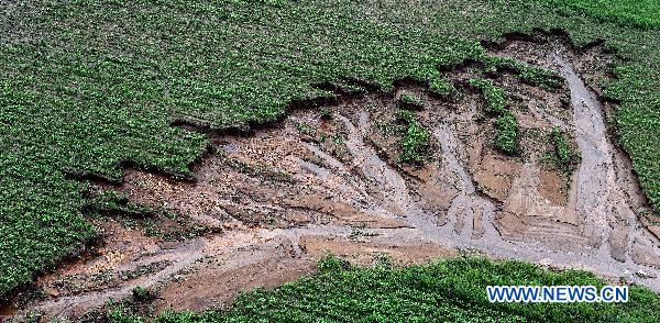 Photo taken on Aug. 22, 2010 shows the bird's-eye view of a piece of field hit by flood in Dandong City, northeast China's Liaoning Province.