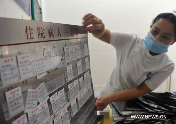 A nurse checks information cards of suspected cholera patients in a hospital in Mengcheng, east China's Anhui Province, Aug. 29, 2010. An outbreak of cholera, suspectedly caused by unclean food, sickened 30 people in Mengcheng County in nearly two weeks, local health officials reported Saturday.