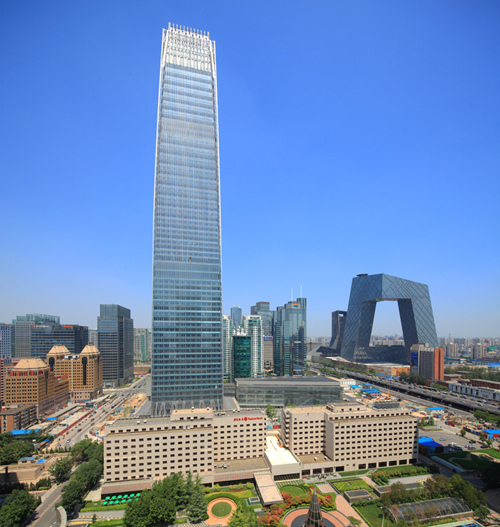A 330-meter tall skyscraper, located in the central business district (CBD) of Beijing, opens for business on Aug. 30, 2010.