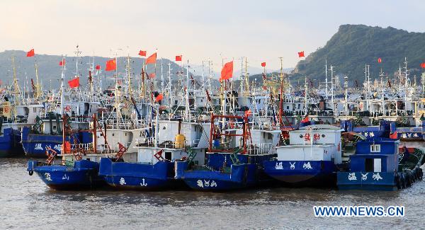 Fishing boats rest at Longmen port in Wenling, a coastal city of east China's Zhejiang Province, to escape from the onslaught of Fanapi, an upcoming typhoon, Sept. 18, 2010. 