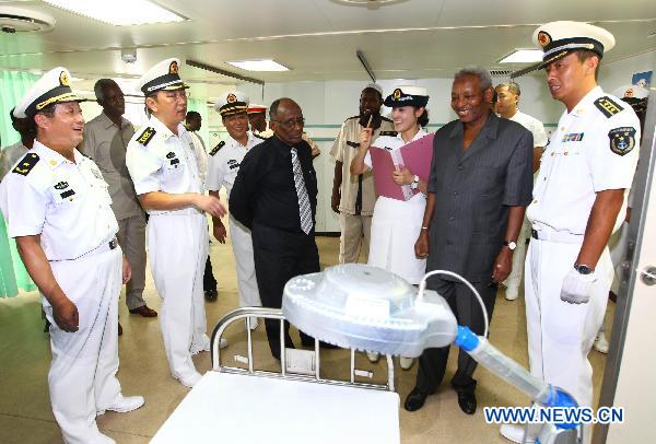 Speaker of Djibouti&apos;s National Assembly Idriss Arnaoud Ali visits the Chinese navy hospital ship &apos;Peace Ark&apos; in Djibouti, Sept. 22, 2010. The ship arrived in Djibouti on Wednesday to provide seven-day medical treatment for locals. 