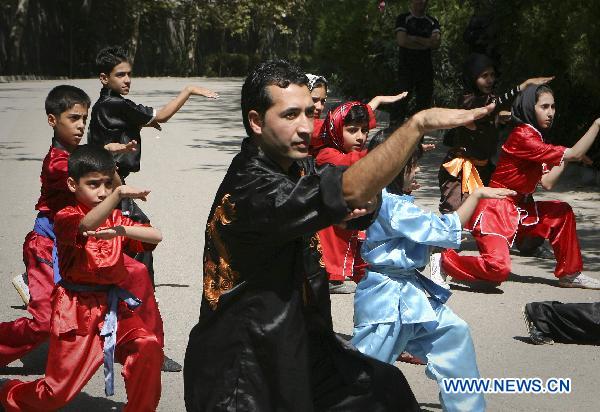 Masoud Jafari (C), vice president of Taiji Research Association of Confucius Institute at Tehran University, teaches his students martial arts at a park in Tehran, capital of Iran, on Sept. 24, 2010. 