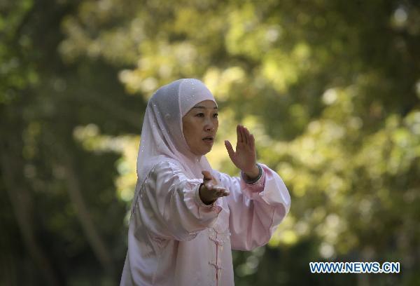 Qiu Xueqin, the director of the Confucius Institute at Tehran University, plays Taiji in a park in Tehran, capital of Iran, on Sept. 24. 