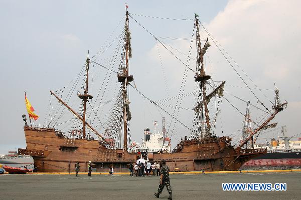 A soldier approaches the Spanish galleon replica Andalucia docked on Pier 13 in Manila, the Philippines, Oct. 6, 2010.