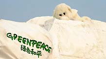 A Green Peace volunteer dressed in polar bear costumes is seen on an iceberg model on the square in front of the Tianjin Meijiang Convention and Exhibition Center, the venue of the UN Climate Change conference in north China's Tianjin Municipality, Oct. 7, 2010.