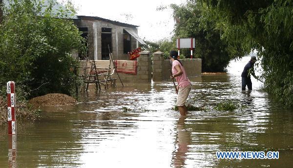 Locals try to remove broken tree limbs in the floodwaters in Quang Binh, central Vietnam, on Oct. 7, 2010. 