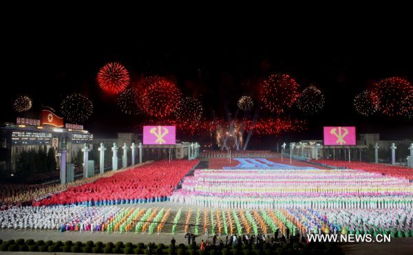 A grand evening gala is held to celebrate the 65th anniversary of the founding of the Workers' Party of Korea (WPK) on the Kim Il Sung Square in Pyongyang, capital of the Democratic People's Republic of Korea (DPRK), Oct. 10, 2010.
