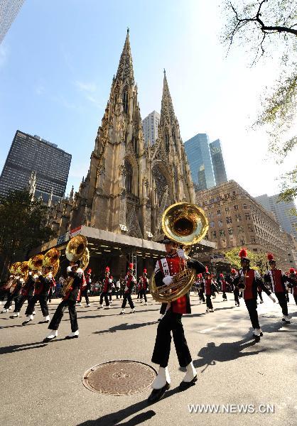Music band parade along the 5th Avenue in Manhattan, New York, the United States, Oct. 11, 2010 to celebrate the annual Columbus Day. 