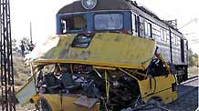 At least 43 people were killed when a goods locomotive hit a commuter bus at a railway crossing in eastern Ukraine on October 12, 2010.