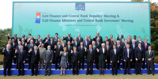 The G20 finance ministers and central bank governors pose for a group photo in Gyeongju, South Korea, Oct. 22, 2010. 
