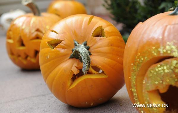 Jack-o'-lanterns are seen during a small gathering in Los Angles, the United States, Oct. 23, 2010. 