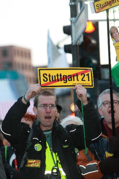 People attend a protest against the Stuttgart 21 underground railway station project in Berlin, Germany, Oct. 26, 2010. 