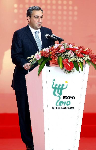 Nikoloz Gilauri, prime minister of Georgia, addresses a ceremony marking the National Pavilion Day for Georgia at the 2010 Shanghai World Expo, in Shanghai, east China, Oct. 28, 2010. 