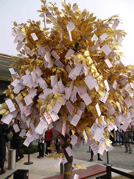 Wish cards of vistors hang on a golden tree outside Singapore Pavilion on Sunday, the closing day of the pavilion.