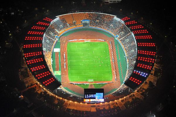 The picture taken on Nov. 10, 2010 shows the bird&apos;s-eye view of the Tianhe Sports Center Stadium in Guangzhou, south China&apos;s Guangdong Province where the Group A soccer match of the 16th Asian Games between China and Kyrgyzstan is held.