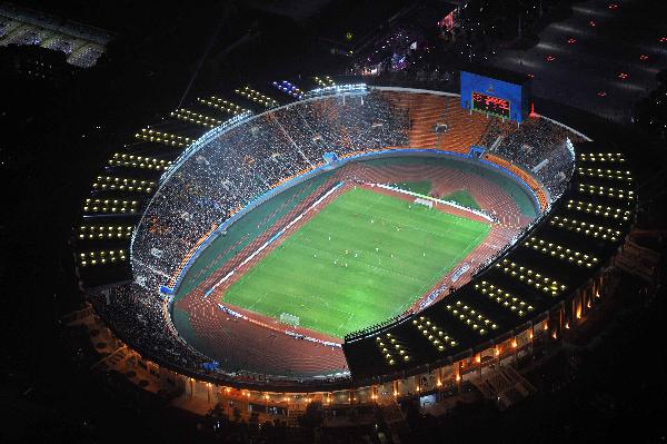 The picture taken on Nov. 10, 2010 shows the aerial view of the Tianhe Sports Center Stadium where the Group A soccer match of the 16th Asian Games between China and Kyrgyzstan is held in Guangzhou, south China&apos;s Guangdong Province. 