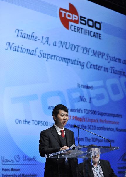 Liu Guangming, director of China's National Supercomputer Center in Tianjin, speaks during a ceremony officially annoucing the Top 500 list, in New Orleans, Louisana, the United States, Nov. 16, 2010.