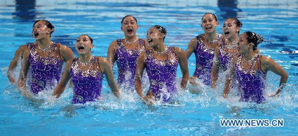 Team China perform during the women's synchronised swimming team free routine final at the 16th Asian Games in Foshan, south China's Guangdong Province, Nov. 20, 2010.