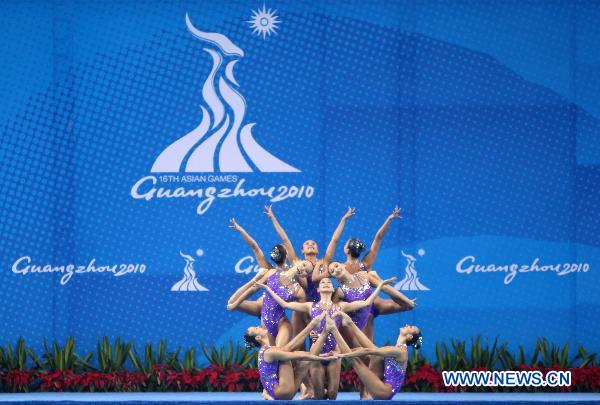 Team China perform during the women's synchronised swimming team free routine final at the 16th Asian Games in Foshan, south China's Guangdong Province, Nov. 20, 2010.