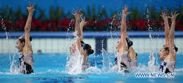 Team DPRK perform during the women's synchronised swimming team free routine final at the 16th Asian Games in Foshan, south China's Guangdong Province, Nov. 20, 2010.