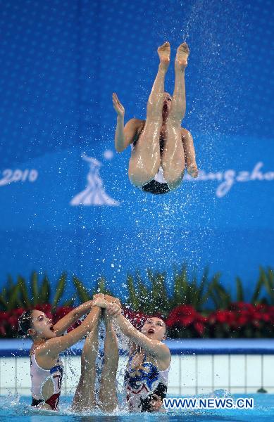 Team DPRK perform during the women's synchronised swimming team free routine final at the 16th Asian Games in Foshan, south China's Guangdong Province, Nov. 20, 2010.